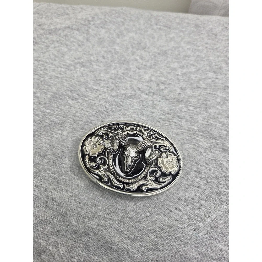 Vintage Bighorn Ram Skull Black Enamel 3D Belt Buckle Hunting Western Wildlife